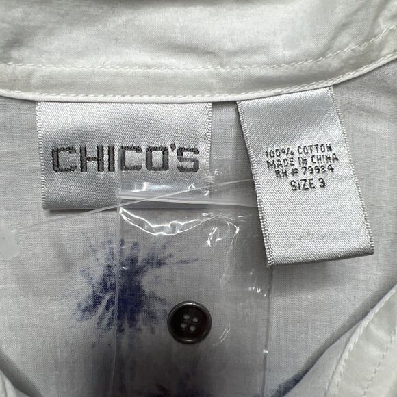 Chico's Button Up Shirt Blue White Floral Beach Hawaiian Blouse Top 3 XL/16 NWOT - Picture 3 of 8